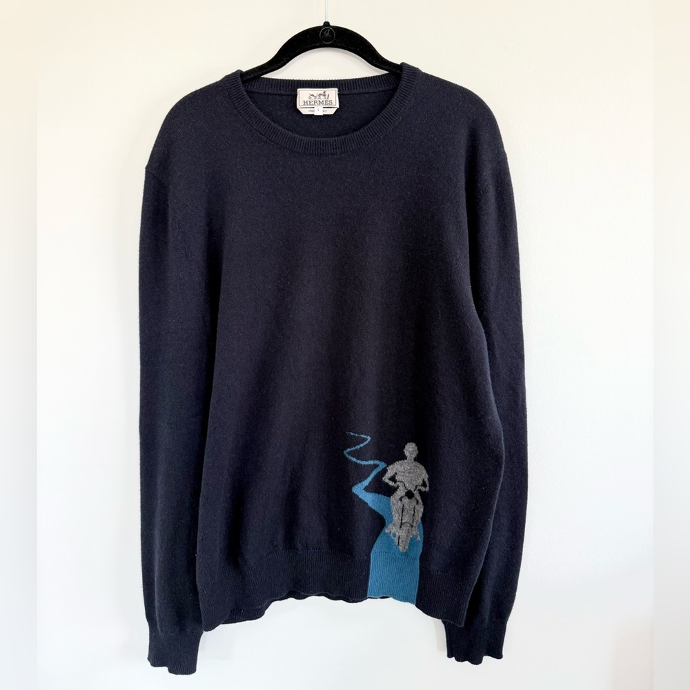 Hermes 100% Cashmere Knit Sweater Biker Motorcycle Design Made in Italy Size L